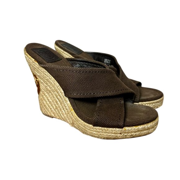 Tory Burch Kristen Brown Canvas Espadrille Wedge Sandals | Gold Logo Heel | 8.5 - Picture 2 of 10